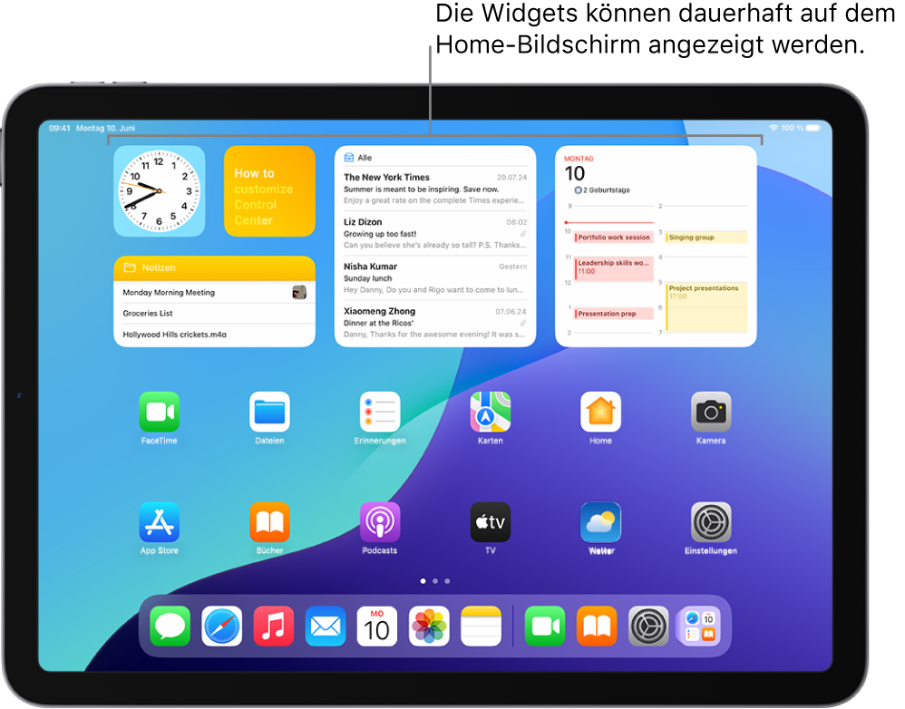 Der Home-Bildschirm des iPad. Oben auf dem Bildschirm sind die angepassten Widgets „Wetter“, „Musik“, „Fotos“, „Erinnerungen“ und „Home“ zu sehen.