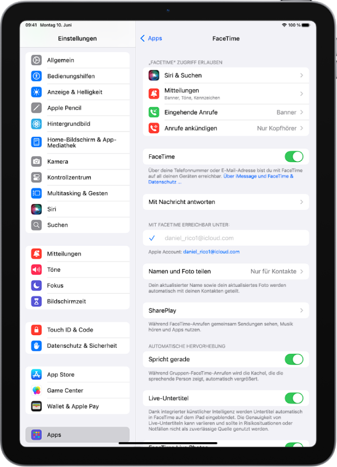 Der Bildschirm „Einstellungen“ in FaceTime mit der Steuerung zum Aktivieren und Deaktivieren von FaceTime und dem Apple Account, der für FaceTime verwendet wird.