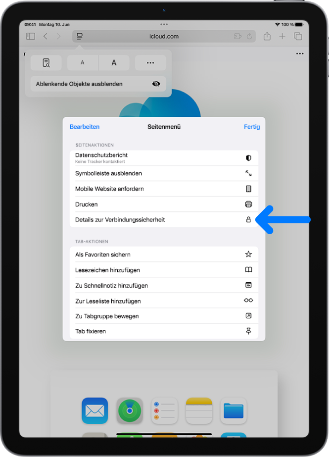 Das Menü „Seiteneinstellungen“ ist in Safari geöffnet und das Steuerelement „Details zur Verbindungssicherheit“ befindet sich in der Mitte der Seite.