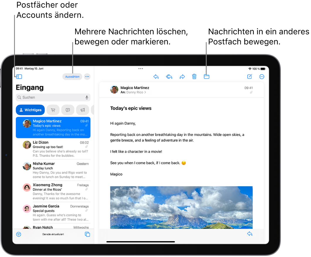 Der Posteingang der App „Mail“ mit einer E-Mail-Liste auf der linken Seite und einer geöffneten E-Mail auf der rechten Seite.
