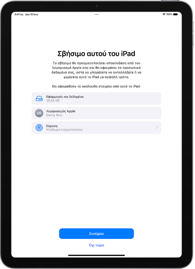 Η οθόνη «Σβήσιμο αυτού του iPad».