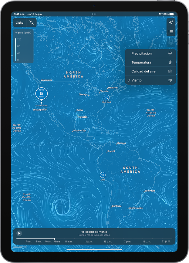 Un mapa de la temperatura del área circundante en toda la pantalla del iPad. En la esquina superior derecha, de arriba abajo, aparecen los botones Ubicación actual y Ubicaciones favoritas. El menú de sobreposición está abierto con la opción Viento seleccionada. En la parte inferior hay una línea de tiempo. El botón Activar/desactivar mapa en pantalla completa y Escala de sobreposición de mapa están en la esquina superior izquierda.