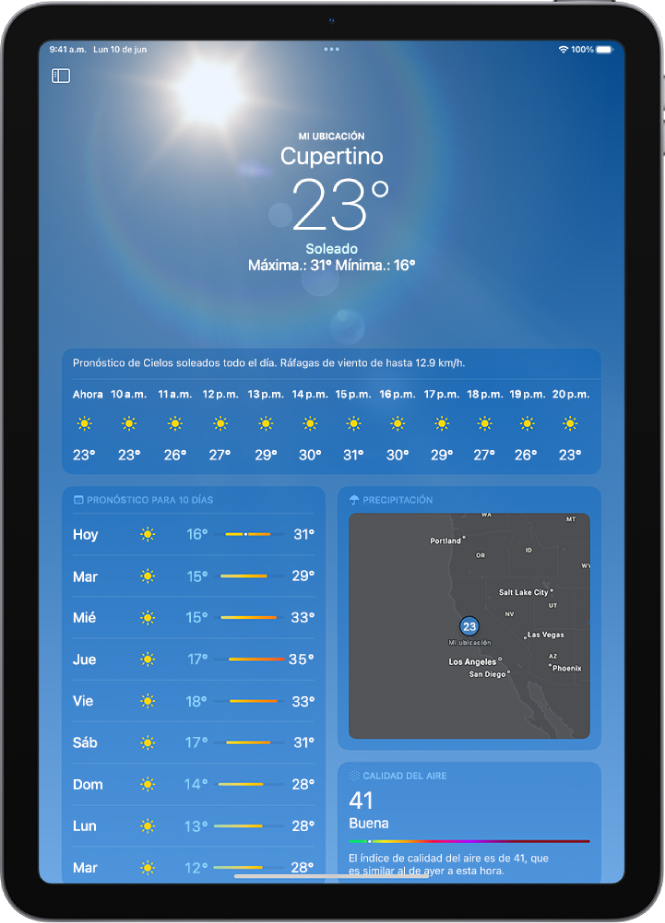 La pantalla de Clima donde se ve lo siguiente: la ubicación, la temperatura actual, las temperaturas máxima y mínima del día, el pronóstico por horas y el de diez días en la parte izquierda de la pantalla, y un mapa de precipitaciones y la escala de la calidad del aire en el lado derecho de la pantalla.