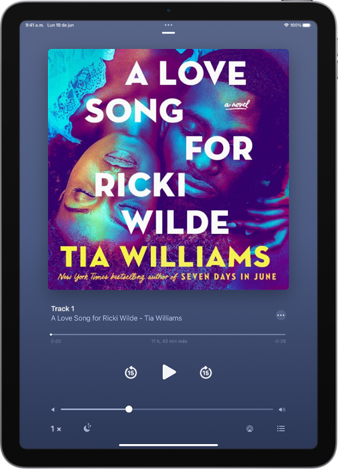 La pantalla del reproductor de audiolibros muestra, de arriba a abajo, la portada del audiolibro, el nombre de la sección que se está reproduciendo, el cabezal de reproducción, el botón de pausa y los botones de avance y retroceso. En la parte inferior está el regulador de volumen y, debajo de este, los botones para controlar la velocidad de reproducción, establecer un temporizador de reposo, elegir un destino de reproducción y visualizar una lista de las pistas del libro.