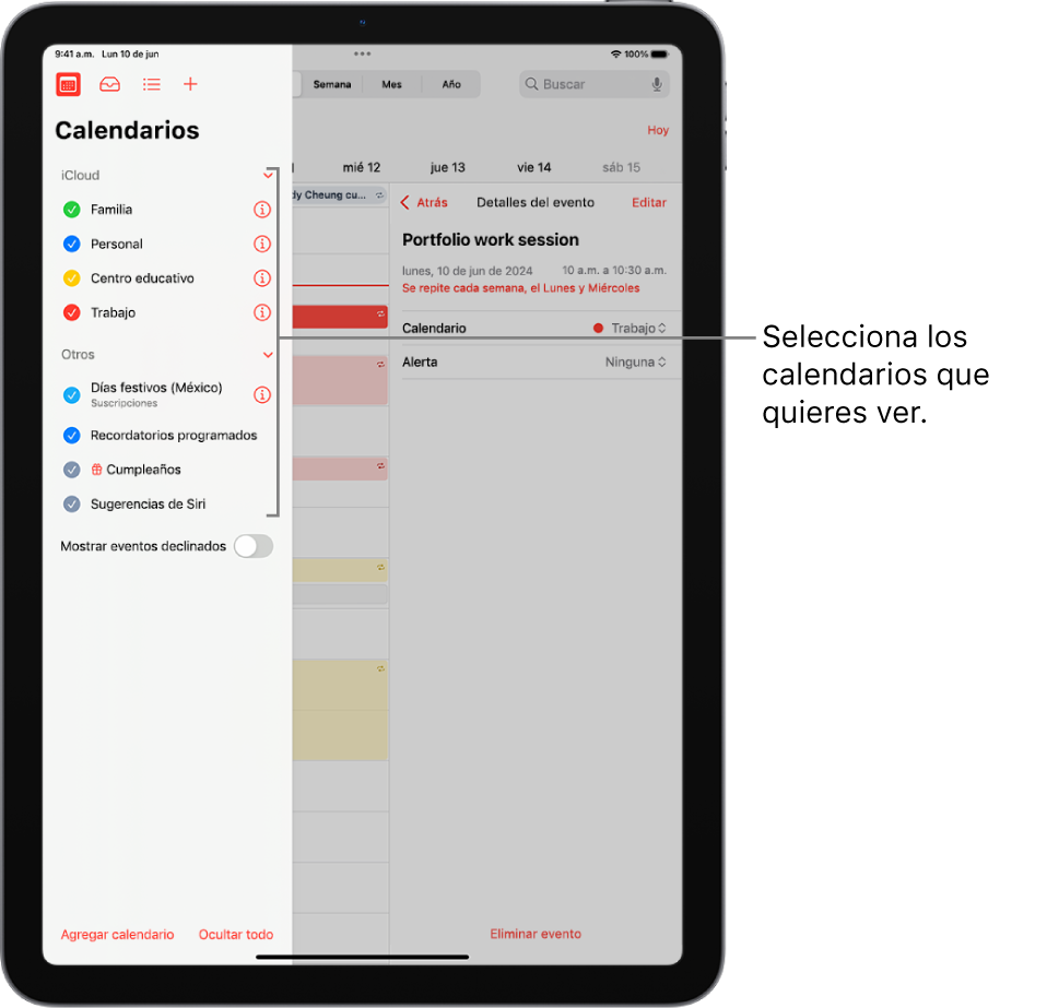 La lista de calendarios indica qué calendarios están activos mediante una marca de verificación. El botón Listo para cerrar la lista en la esquina superior derecha. El botón Agregar calendario está en la esquina inferior izquierda.