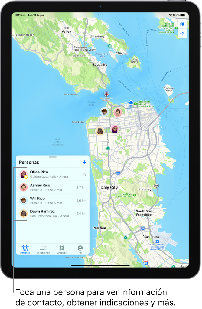La pantalla Encontrar abierta mostrando la lista Personas. Se muestran cuatro personas en la lista: Christina Ruiz, Cecilia Ruiz, Nora Tellez y Pedro Ruiz. Sus ubicaciones se muestran en un mapa de San Francisco.