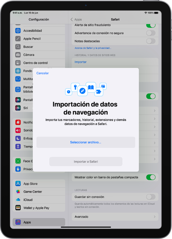 La pantalla Importación de datos de navegación muestra los datos de otro navegador que se importarán a Safari.