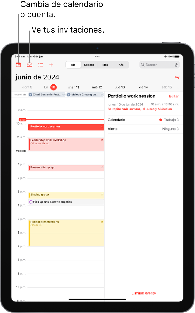 Un calendario en la vista por días. Los botones de la parte superior central permiten cambiar la vista entre Día, Semana, Mes y Año. El botón Calendarios está en la parte superior izquierda de la pantalla y el botón Bandeja de entrada está cerca de la parte superior izquierda.