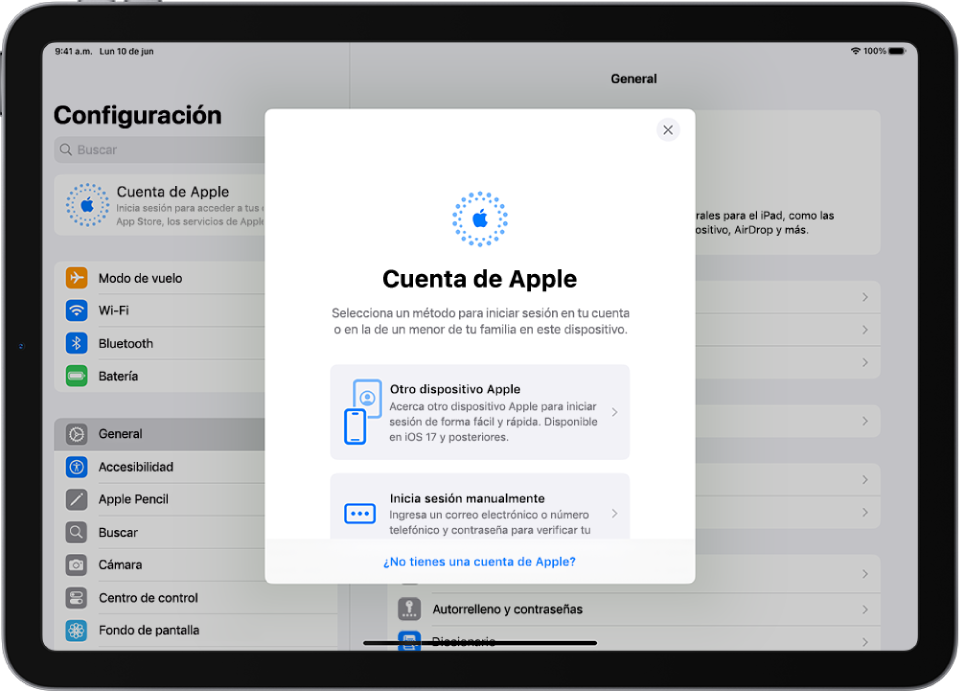 Pantalla de configuración con el cuadro de diálogo de inicio de sesión en la cuenta de Apple en mitad de la pantalla.