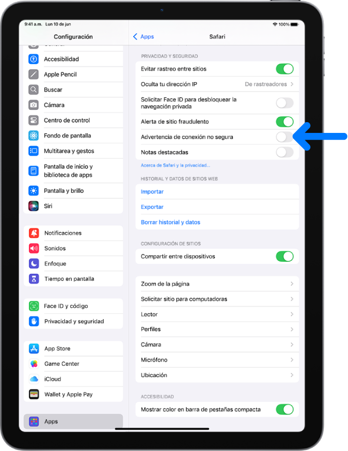 El control Advertencia de conexión no segura, ubicado debajo de Privacidad y seguridad en la configuración de Safari.
