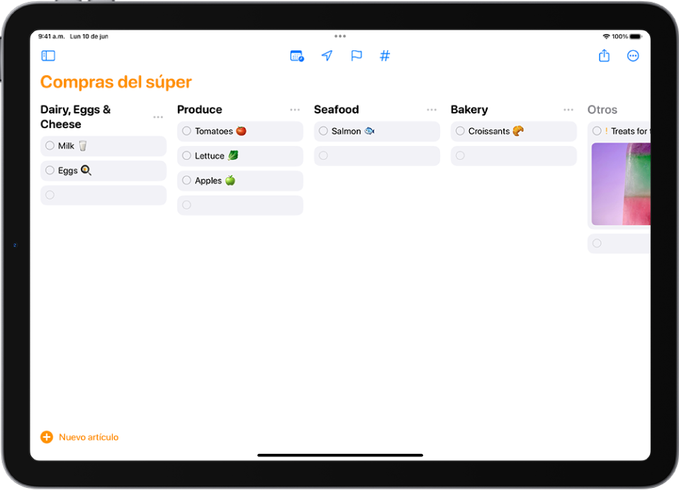 La app Recordatorios muestra una lista de compras del súper con categorías organizadas en columnas.