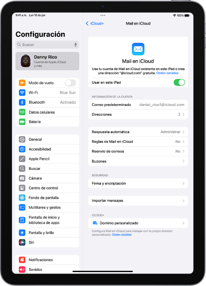 La app Configuración está abierta en la sección Mail en iCloud. En la parte inferior del menú está la opción Dominio de correo personalizado.