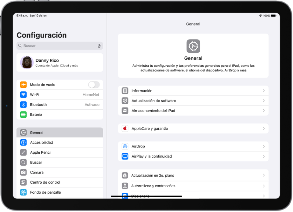Pantalla de inicio del iPad con varios íconos de apps, incluyendo el ícono de la app Configuración, que puedes tocar para modificar el nivel del volumen del iPad, el brillo de la pantalla y más.