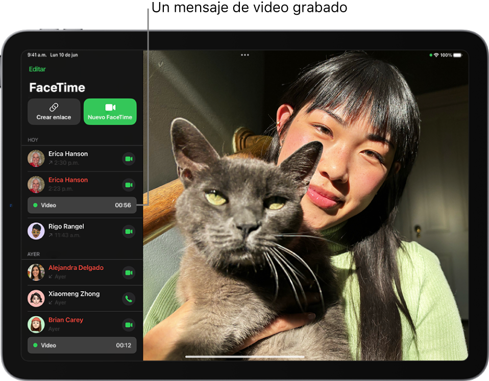 El historial de llamadas de FaceTime con un enlace a un mensaje de video grabado.