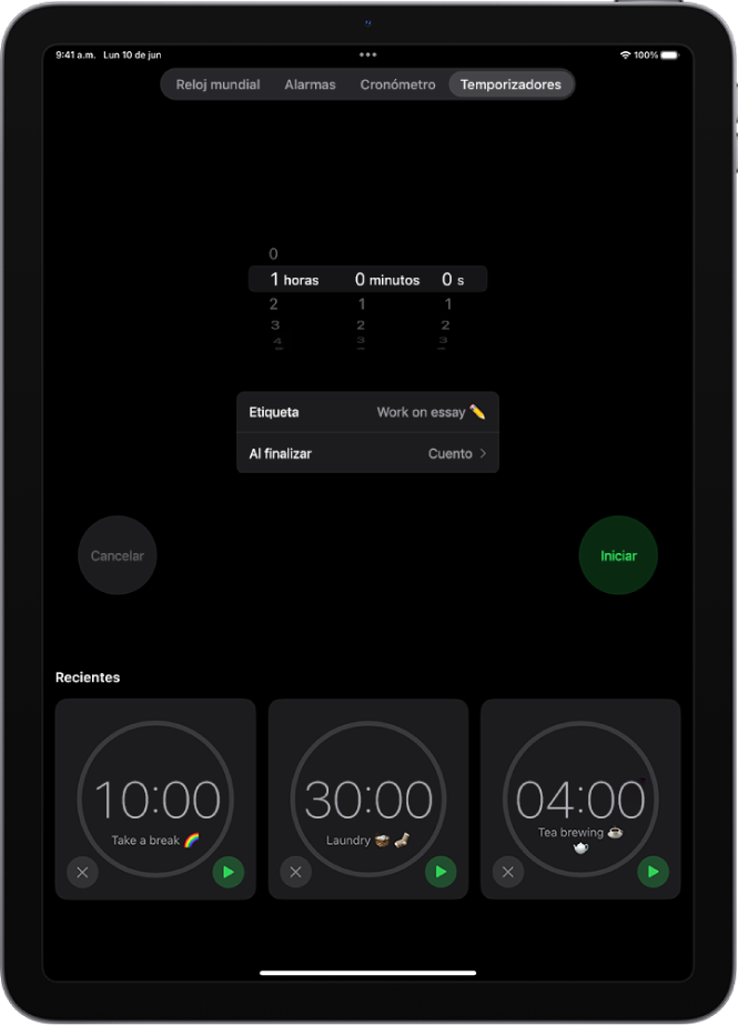 La pestaña Temporizadores con la configuración para programar un temporizador. Hay un temporizador recién creado debajo de la configuración del temporizador. Los botones Reloj mundial, Alarma, Cronómetro y Temporizadores están en la parte inferior.