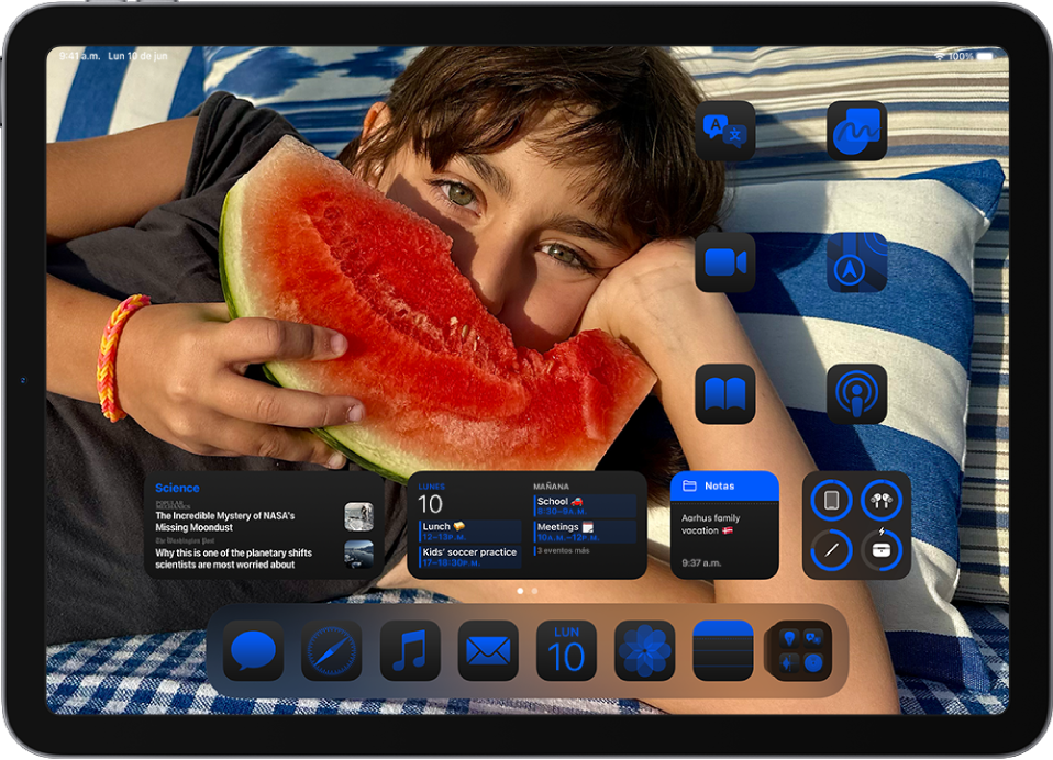 La pantalla de inicio del iPad. Las apps se muestran del mismo color en la parte inferior y los bordes laterales de la pantalla, y complementan el color de la foto que está en el fondo.