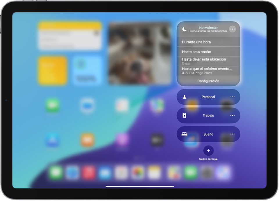 El centro de control mostrando opciones para seleccionar el tiempo que estará activado No molestar. Las opciones son Durante 1 hora, Hasta esta noche, Hasta dejar esta ubicación y Hasta que este evento termine.