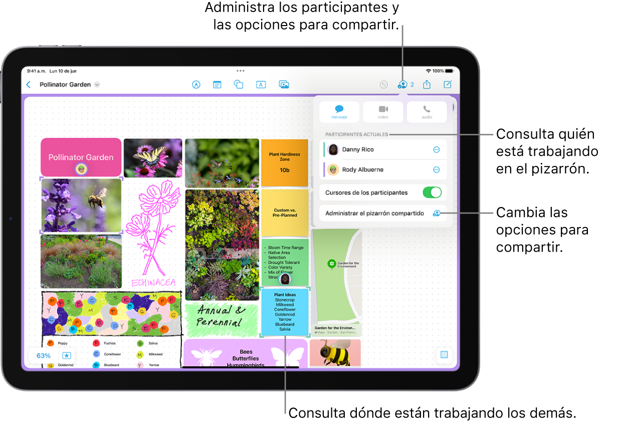 Un pizarrón de Freeform compartido en el iPad con el menú de colaboración abierto y la ubicación de otro participante en el pizarrón indicado con marcas de verificación moradas.