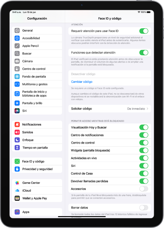 La configuración de Face ID y código mostrando opciones para permitir el acceso a determinadas funciones cuando el iPad está bloqueado.