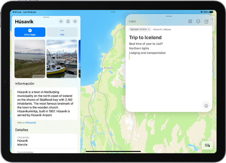 Una nota rápida en una ventana con sobreposición sobre un mapa de Islandia. La nota contiene texto y una opción para enlazar al mapa.
