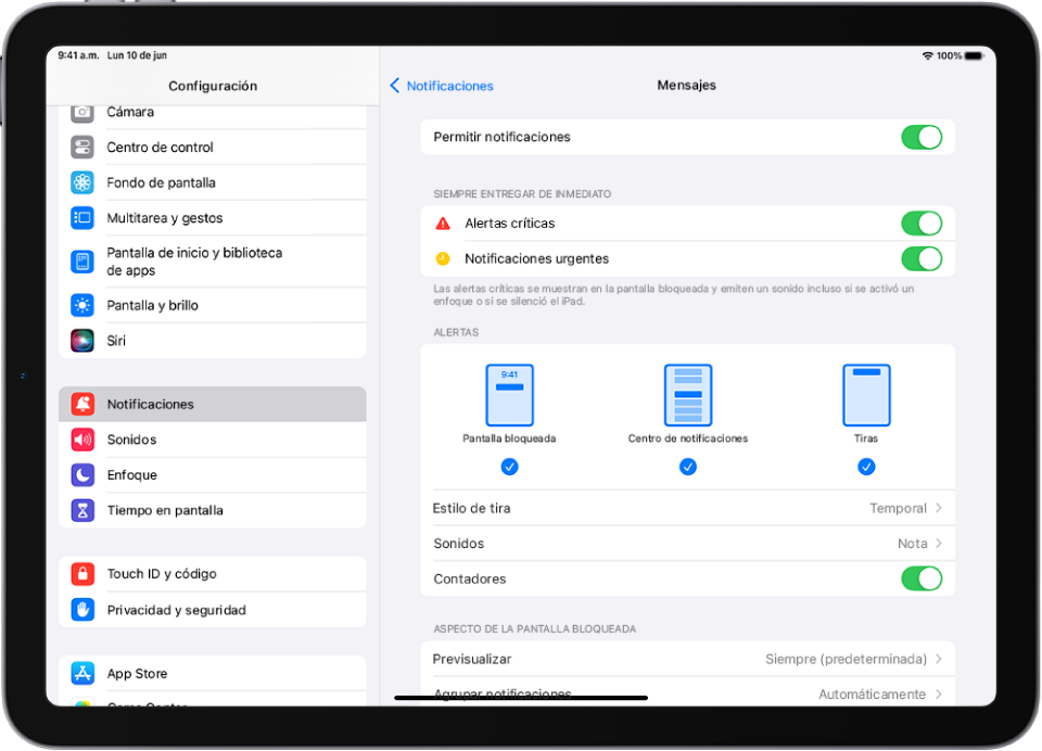 El iPad con la configuración de Mensajes para las notificaciones y las alertas.