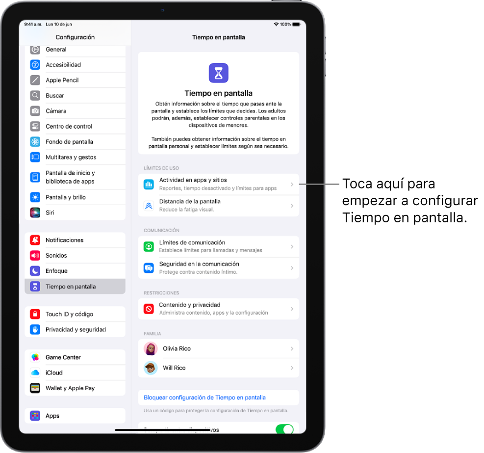Pantalla para configurar Tiempo en pantalla, indicando que toques Actividad de apps y sitios para empezar.