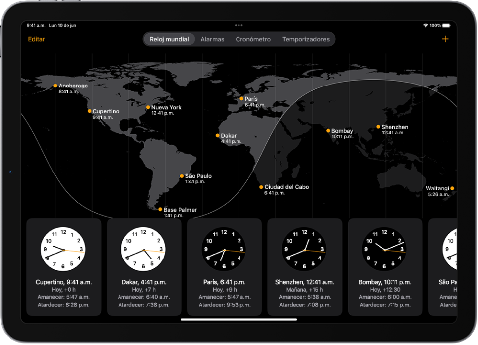 La pestaña Reloj mundial mostrando la hora en varias ciudades. El botón Editar cerca de la esquina superior izquierda te permite reordenar o eliminar relojes. El botón Agregar cerca de la esquina superior derecha te permite agregar más relojes. Los botones Reloj mundial, Alarma, Cronómetro y Temporizadores están en la parte inferior.