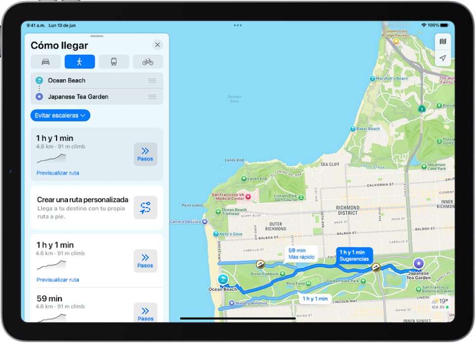 La app más muestra varias opciones de rutas para ir a pie.
