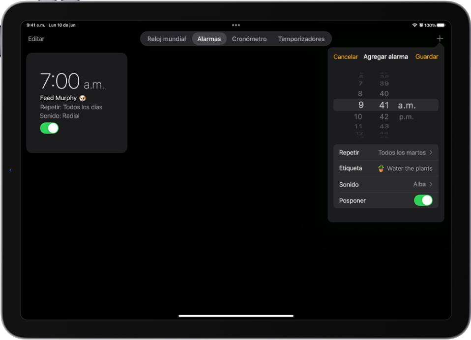 La pestaña Alarmas en la app Reloj con opciones para cambiar la hora, elegir si la alarma se repite, agregar una etiqueta a la alarma, seleccionar un sonido de alarma y activar la repetición de la alarma.