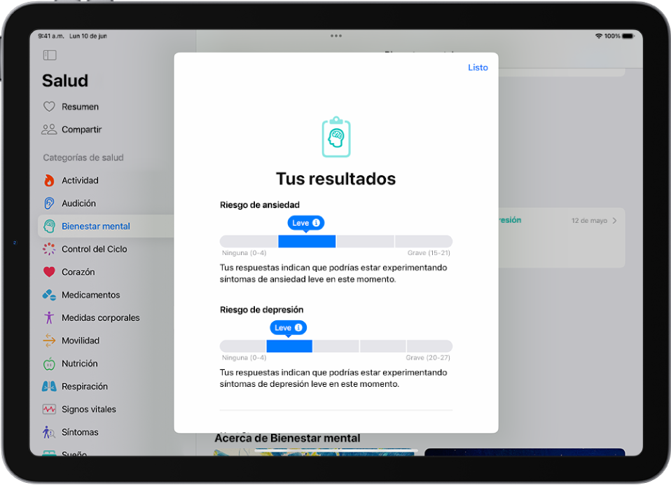 Una pantalla en la app Salud mostrando resultados de un cuestionario de salud mental.