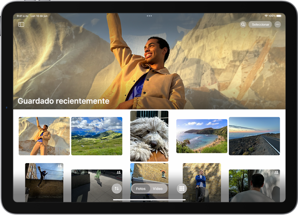 La colección Guardado recientemente está abierta en la app Fotos y muestra fotos y videos.