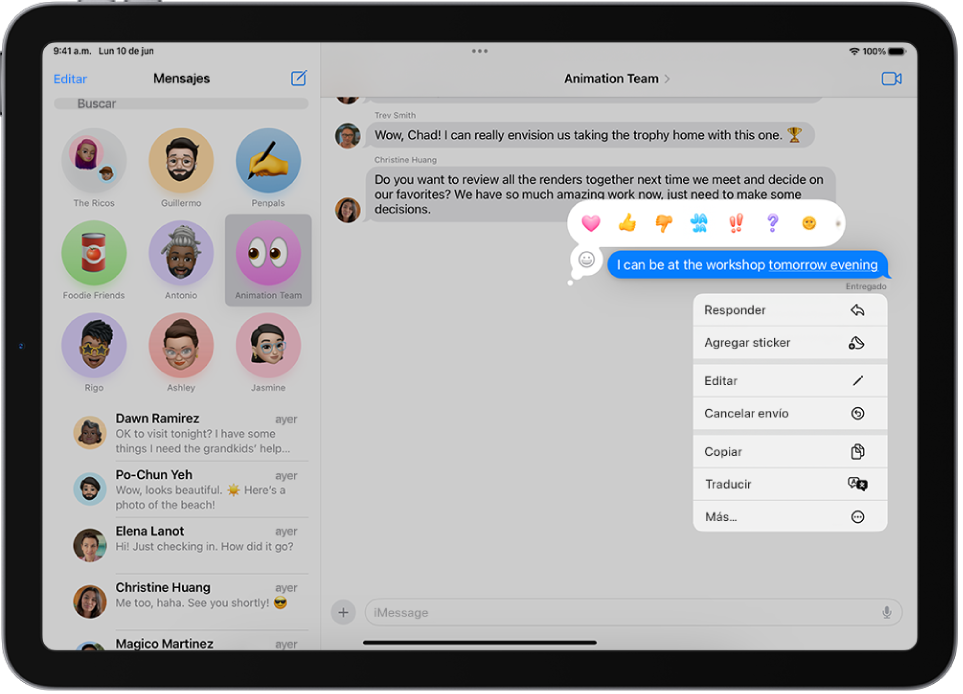 Una conversación en la app Mensajes con las opciones Cancelar envío y Editar visibles. El resto de la conversación está atenuada, excepto el texto que se seleccionó.