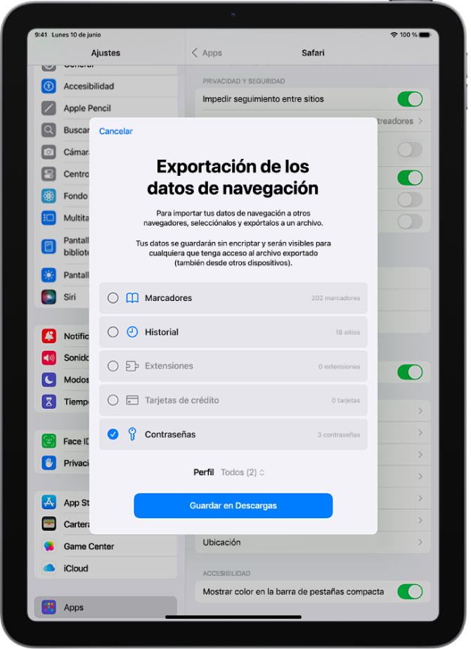 Pantalla “Exportación de los datos de navegación” con la opción Contraseñas seleccionada para exportarlas a otro gestor de contraseñas.