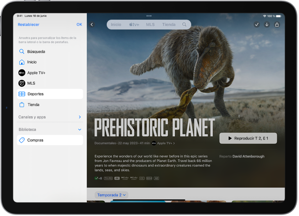 iPad con opciones para editar la barra de pestañas en la parte superior de la pantalla.