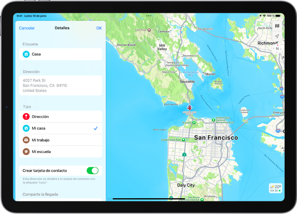 App Mapas con la pantalla Detalles con opciones para establecer una dirección como casa, trabajo o escuela.