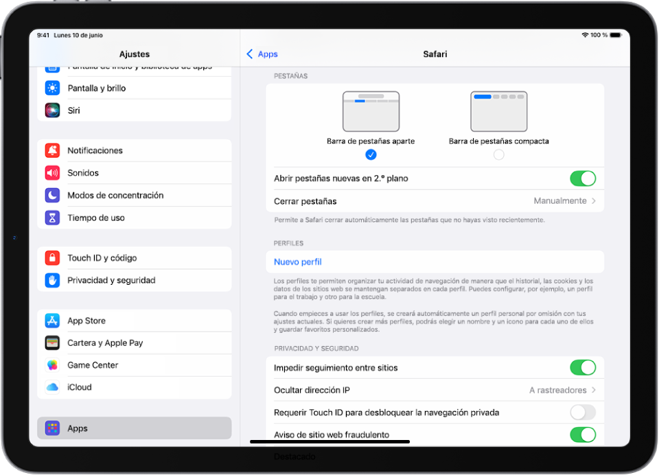 La ventana de la app Ajustes con la opción Apps seleccionada a la izquierda en la barra lateral y un panel de Safari a la derecha con opciones para usar las pestañas en la parte superior.