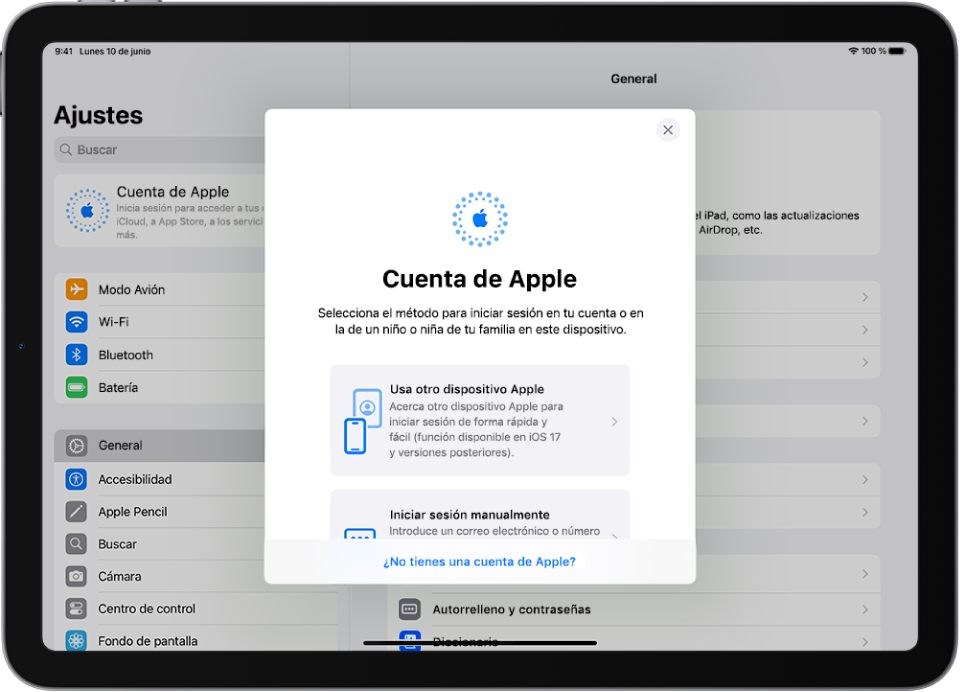 Pantalla de ajustes con el cuadro de diálogo de inicio de sesión en la cuenta de Apple en mitad de la pantalla.