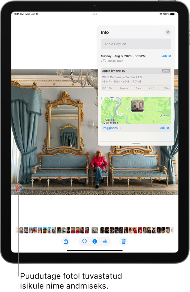 Rakenduses Photos on avatud foto. Foto peal kuvatakse metaandmeid, sh kuupäeva ja kellaaega, faili nime, iPhone’i mudelit ja kaameraseadeid ning foto jäädvustamise asukohaga kaarti.
