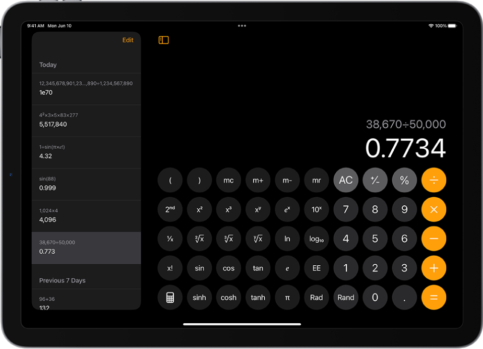 iPadis kuvatakse rakendusest Calculator vasakul arvutuste ajalugu.