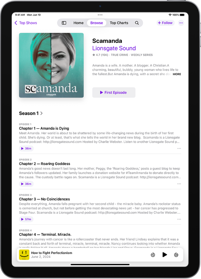 Rakenduse Podcasts saate lehel on hooaja jaod koos iga peatüki kokkuvõttega ning allosas on pleier.