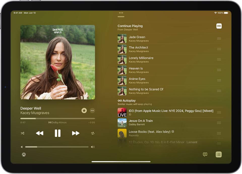 Kuvas Now Playing on järjekord Now Playing ning Autoplay on lülitatud sisse. Sarnased lood kuvatakse albumis olevate lugude all.