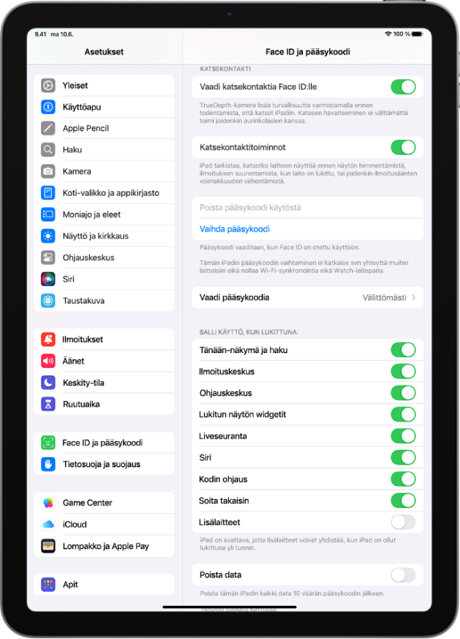 Face ID ja pääsykoodi ‑asetukset, joissa on valinnat tiettyjen ominaisuuksien käytön sallimiselle silloin, kun iPad on lukittu.