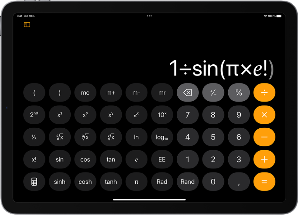 iPad, jossa näkyvät funktiolaskimen muistitoiminnot, eksponentti- ja logaritmifunktiot sekä trigonometriset funktiot.