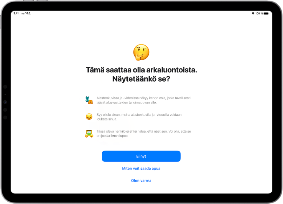 Näyttö, jossa on varoitus siitä, että viesti voi sisältää arkaluontoisia kuvia. Alareunan valinnoilla voi hankkia apua tai ohittaa varoituksen.