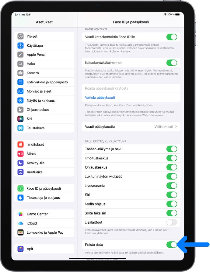 Poista data ‑säädin Asetukset-apin Face ID ja pääsykoodi ‑näytön alareunassa.