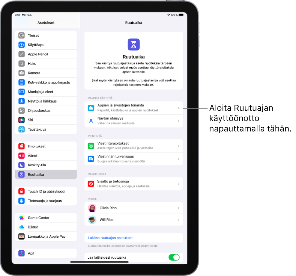 Näyttö Ruutuajan käyttöönottoon. Siinä näkyy, että napautat Appien ja sivustojen toiminta -painiketta käyttöönoton aloittamiseksi.