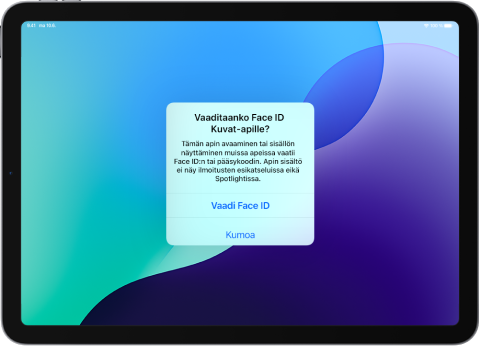iPadin näytöllä näkyvä ilmoitus, jossa pyydetään avaamaan Kuvat-appi Face ID:n avulla.