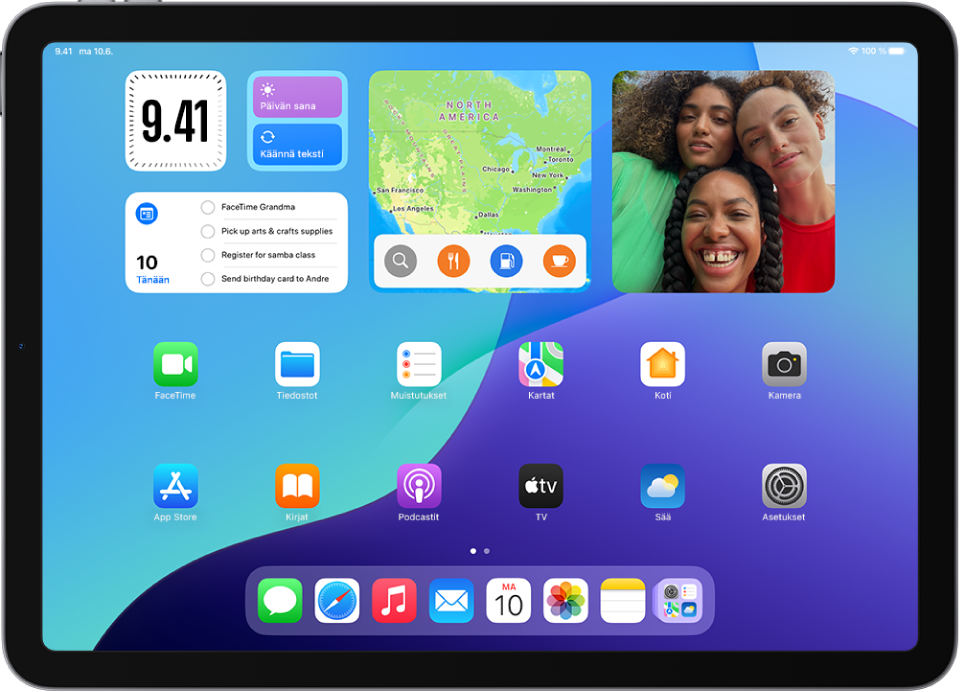 Näyttökuva, jossa on esimerkki iPadOS 18:n oletusmuotoisesta Koti-valikosta.