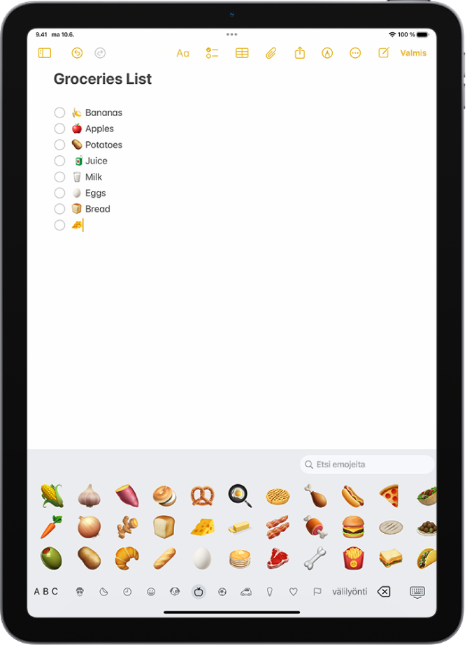 Muistiinpano on avoinna Muistiinpanot-apissa näytön yläosassa ja emojinäppäimistö on avoinna näytön alaosassa.