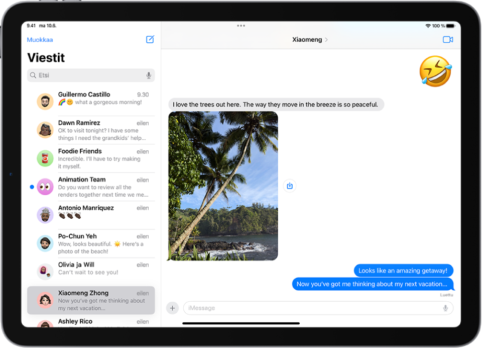 Viestit-keskustelu, jossa näkyy iMessage-ominaisuuksia.